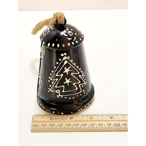 Swedish Christmas Bell Metal Hand Painted Black & White Christmas Tree Jute 5" - Picture 9 of 10